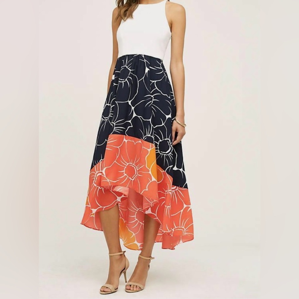 Blue and Black A-Line Midi Skirt with High-Low Hem